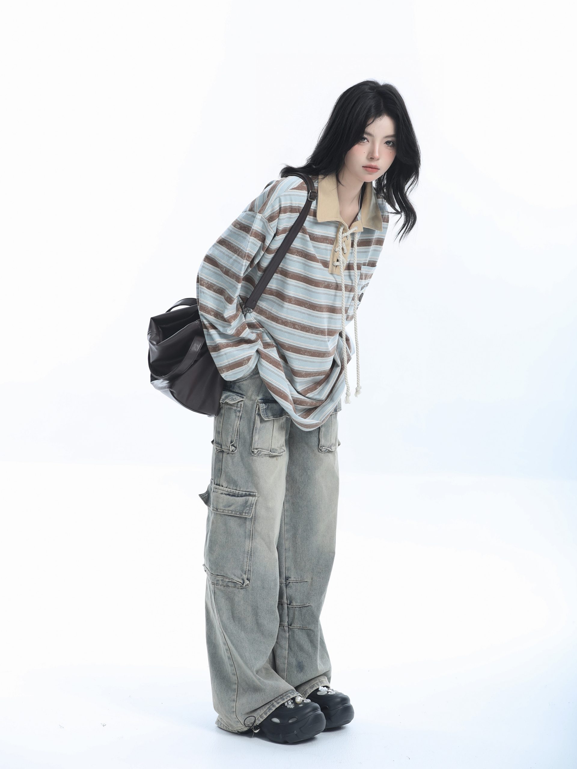 Vintage American Style Striped Oversized Long Sleeve Polo Shirt for Women - Casual Y2K Fashion Essential Vintage American Style Striped Oversized Long Sleeve Polo Shirt for Women - Casual Y2K Fashion Essential