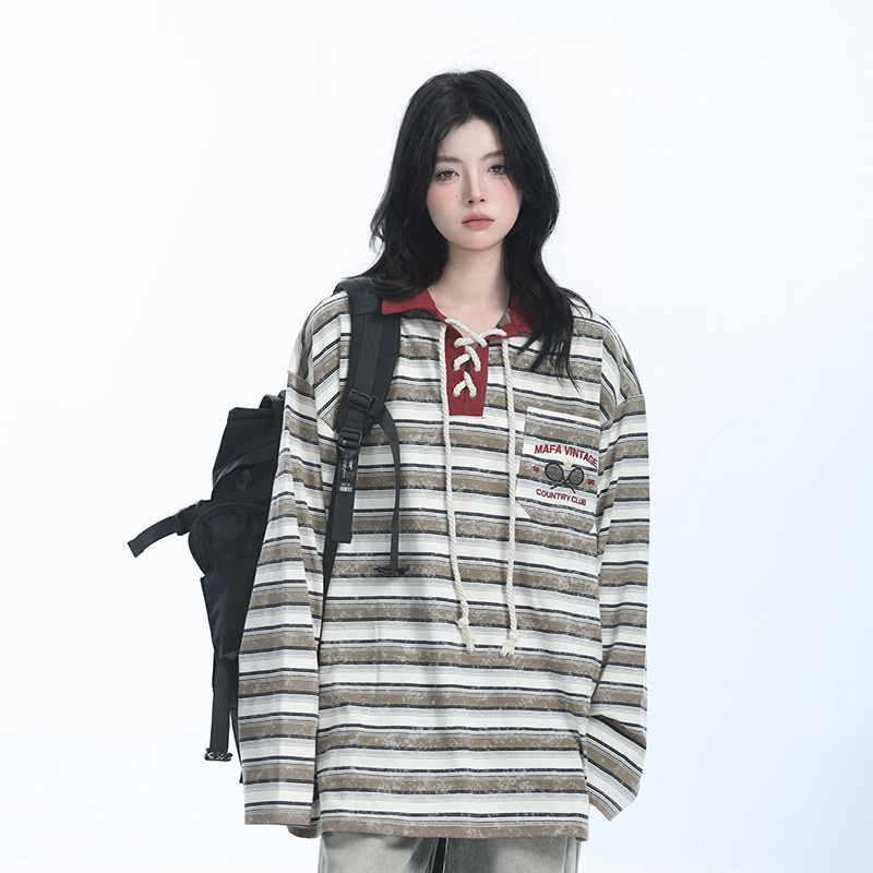 Vintage American Style Striped Oversized Long Sleeve Polo Shirt for Women - Casual Y2K Fashion Essential Vintage American Style Striped Oversized Long Sleeve Polo Shirt for Women - Casual Y2K Fashion Essential