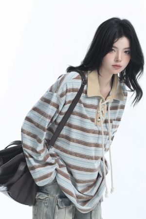 Vintage American Style Striped Oversized Long Sleeve Polo Shirt for Women - Casual Y2K Fashion Essential
