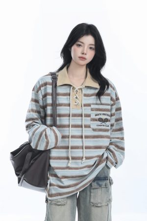 Vintage American Style Striped Oversized Long Sleeve Polo Shirt for Women - Casual Y2K Fashion Essential
