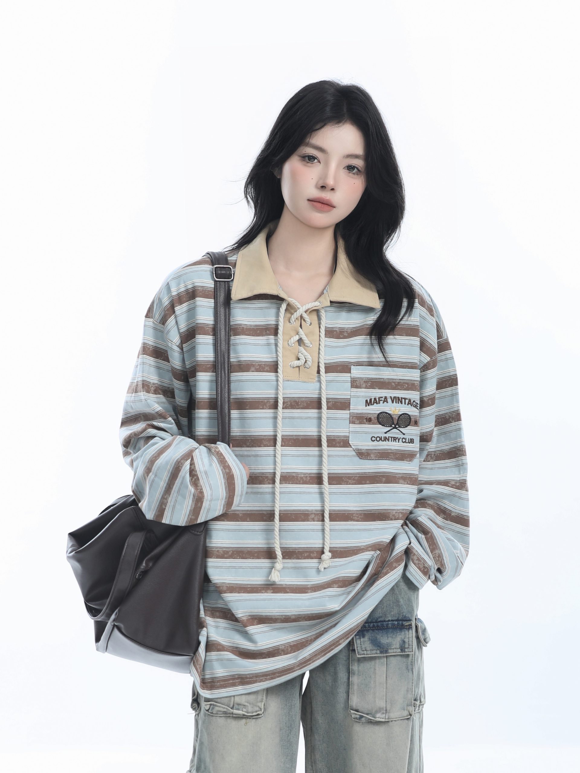 Vintage American Style Striped Oversized Long Sleeve Polo Shirt for Women - Casual Y2K Fashion Essential Vintage American Style Striped Oversized Long Sleeve Polo Shirt for Women - Casual Y2K Fashion Essential