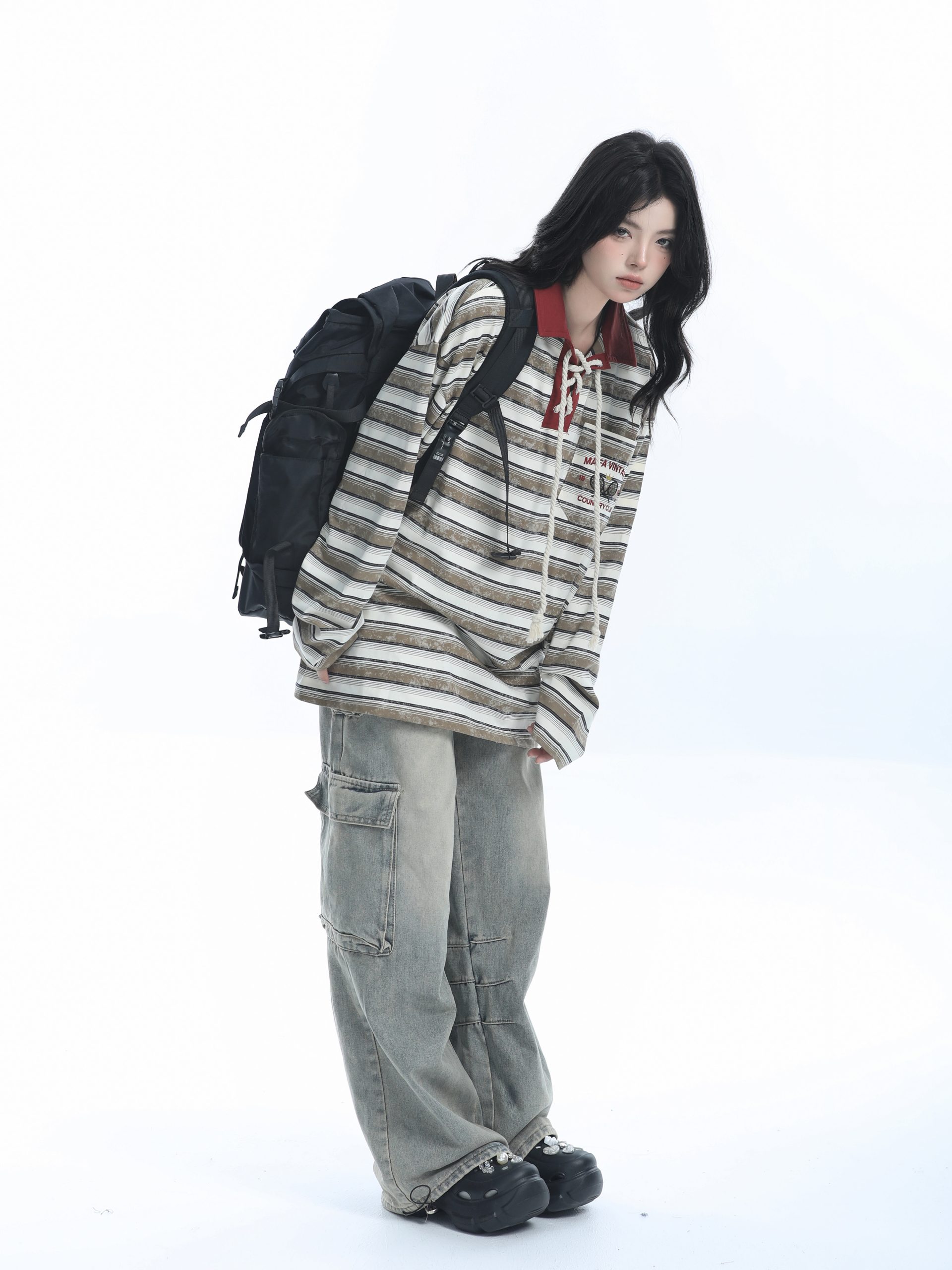 Vintage American Style Striped Oversized Long Sleeve Polo Shirt for Women - Casual Y2K Fashion Essential Vintage American Style Striped Oversized Long Sleeve Polo Shirt for Women - Casual Y2K Fashion Essential