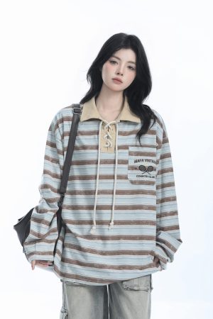 Vintage American Style Striped Oversized Long Sleeve Polo Shirt for Women - Casual Y2K Fashion Essential