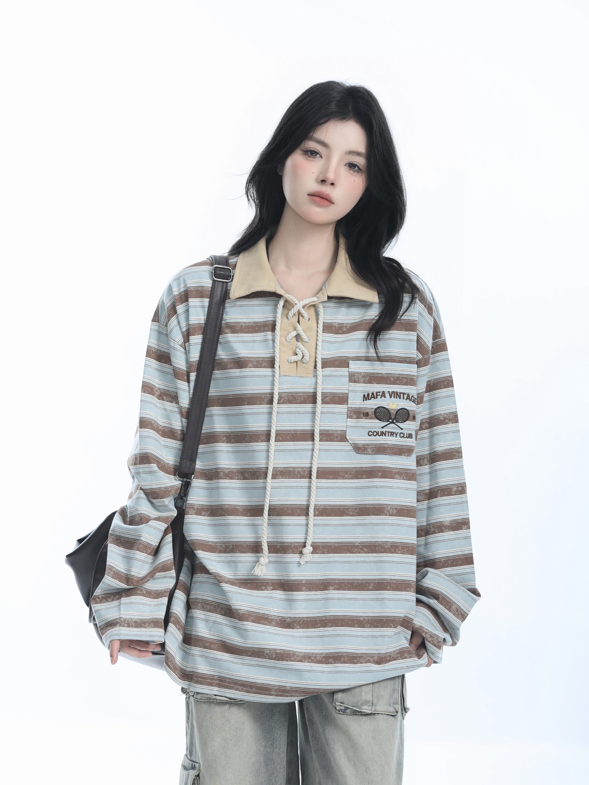 Vintage American Style Striped Oversized Long Sleeve Polo Shirt for Women - Casual Y2K Fashion Essential Vintage American Style Striped Oversized Long Sleeve Polo Shirt for Women - Casual Y2K Fashion Essential
