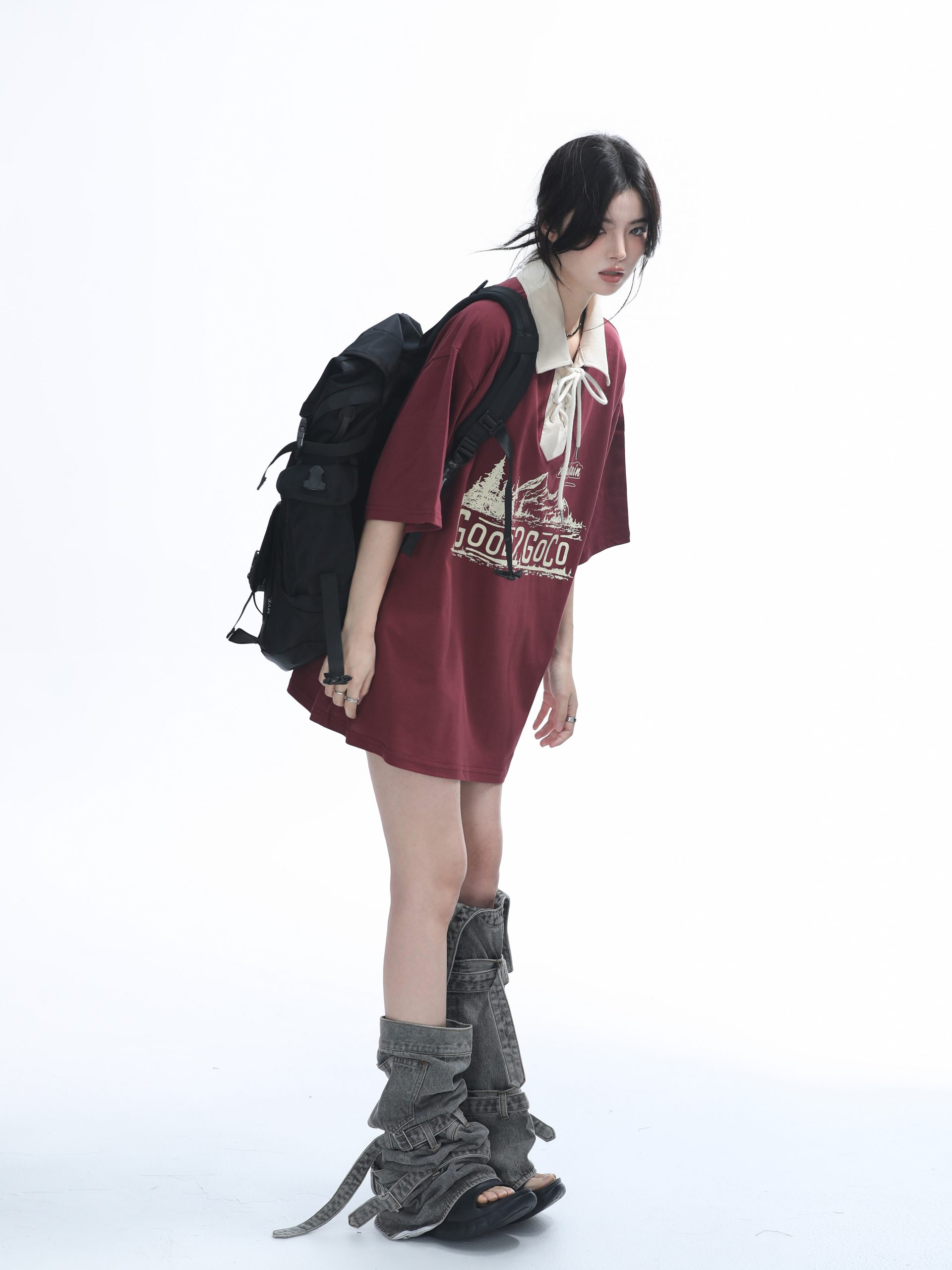 Vintage American-Style Wine Red Lace-Up Short Sleeve Polo Shirt for Women, Loose Fit Summer Top, Casual Y2K Fashion Vintage American-Style Wine Red Lace-Up Short Sleeve Polo Shirt for Women, Loose Fit Summer Top, Casual Y2K Fashion