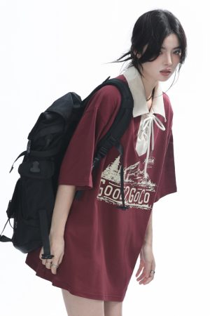 Vintage American-Style Wine Red Lace-Up Short Sleeve Polo Shirt for Women, Loose Fit Summer Top, Casual Y2K Fashion