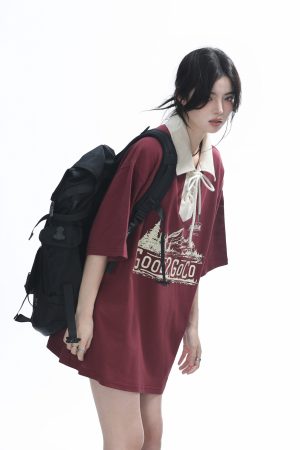 Vintage American-Style Wine Red Lace-Up Short Sleeve Polo Shirt for Women, Loose Fit Summer Top, Casual Y2K Fashion