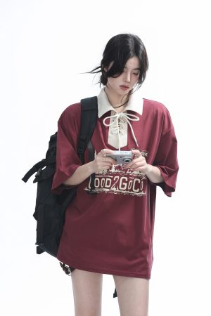 Vintage American-Style Wine Red Lace-Up Short Sleeve Polo Shirt for Women, Loose Fit Summer Top, Casual Y2K Fashion