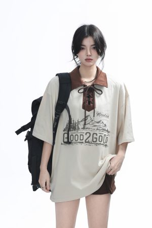 Vintage American-Style Wine Red Lace-Up Short Sleeve Polo Shirt for Women, Loose Fit Summer Top, Casual Y2K Fashion