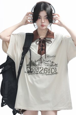 Vintage American-Style Wine Red Lace-Up Short Sleeve Polo Shirt for Women, Loose Fit Summer Top, Casual Y2K Fashion