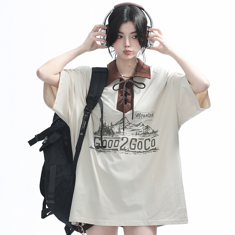 Vintage American-Style Wine Red Lace-Up Short Sleeve Polo Shirt for Women, Loose Fit Summer Top, Casual Y2K Fashion Vintage American-Style Wine Red Lace-Up Short Sleeve Polo Shirt for Women, Loose Fit Summer Top, Casual Y2K Fashion