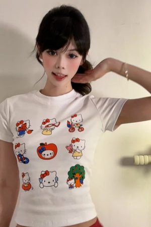 Vintage American Summer Kitty Cat Print Short-Sleeve Women's Fitted Top â€“ Cute Round Neck Tee for a Sweet, Cool Look