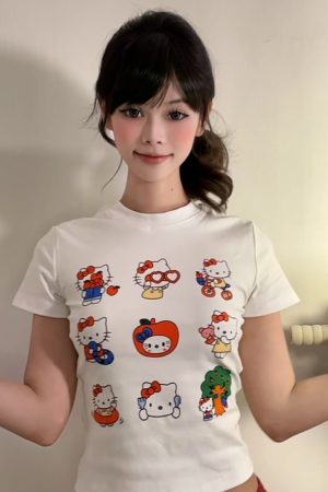 Vintage American Summer Kitty Cat Print Short-Sleeve Women's Fitted Top â€“ Cute Round Neck Tee for a Sweet, Cool Look