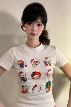 Vintage American Summer Kitty Cat Print Short-Sleeve Women's Fitted Top â€“ Cute Round Neck Tee for a Sweet, Cool Look