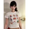Vintage American Summer Kitty Cat Print Short-Sleeve Women's Fitted Top â€“ Cute Round Neck Tee for a Sweet, Cool Look