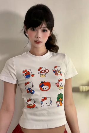 Vintage American Summer Kitty Cat Print Short-Sleeve Women's Fitted Top â€“ Cute Round Neck Tee for a Sweet, Cool Look