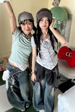 Vintage American Swing Collar T-Shirt for Women, Summer Lace Splicing, Slim Fit, Short Sleeve, Irregular Cropped Top, Y2K Style