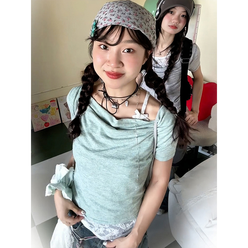 Vintage American Swing Collar T-Shirt for Women, Summer Lace Splicing, Slim Fit, Short Sleeve, Irregular Cropped Top, Y2K Style Vintage American Swing Collar T-Shirt for Women, Summer Lace Splicing, Slim Fit, Short Sleeve, Irregular Cropped Top, Y2K Style