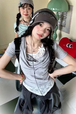 Vintage American Swing Collar T-Shirt for Women, Summer Lace Splicing, Slim Fit, Short Sleeve, Irregular Cropped Top, Y2K Style