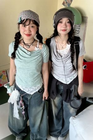 Vintage American Swing Collar T-Shirt for Women, Summer Lace Splicing, Slim Fit, Short Sleeve, Irregular Cropped Top, Y2K Style