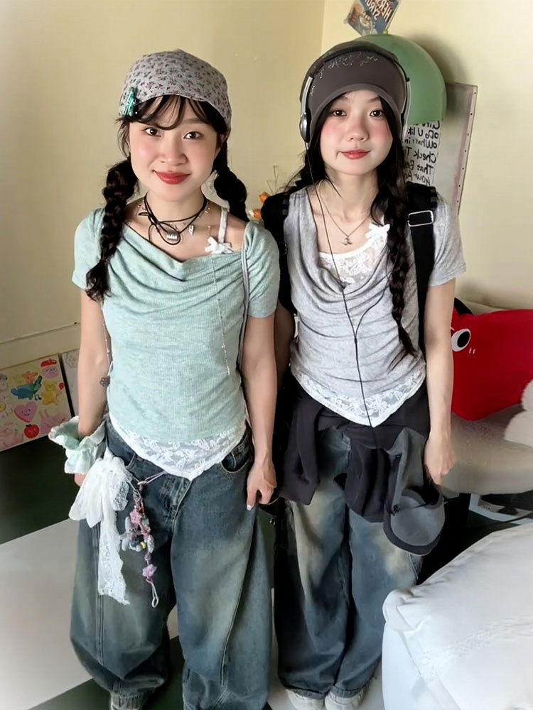 Vintage American Swing Collar T-Shirt for Women, Summer Lace Splicing, Slim Fit, Short Sleeve, Irregular Cropped Top, Y2K Style Vintage American Swing Collar T-Shirt for Women, Summer Lace Splicing, Slim Fit, Short Sleeve, Irregular Cropped Top, Y2K Style