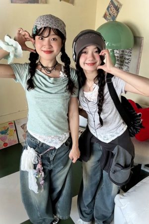 Vintage American Swing Collar T-Shirt for Women, Summer Lace Splicing, Slim Fit, Short Sleeve, Irregular Cropped Top, Y2K Style