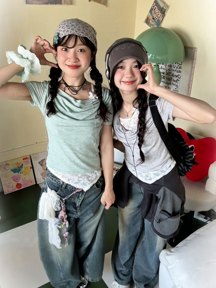 Vintage American Swing Collar T-Shirt for Women, Summer Lace Splicing, Slim Fit, Short Sleeve, Irregular Cropped Top, Y2K Style Vintage American Swing Collar T-Shirt for Women, Summer Lace Splicing, Slim Fit, Short Sleeve, Irregular Cropped Top, Y2K Style