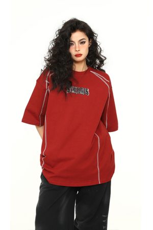 Vintage American Unisex Short Sleeve T-Shirt in Red - Trendy Loose Fit Couple Tee for Y2K Style Lovers