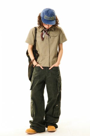 Vintage American Workwear Short Sleeve Shirt for Women - Summer Waist-Defining Slim Fit Versatile Top