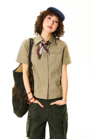 Vintage American Workwear Short Sleeve Shirt for Women - Summer Waist-Defining Slim Fit Versatile Top