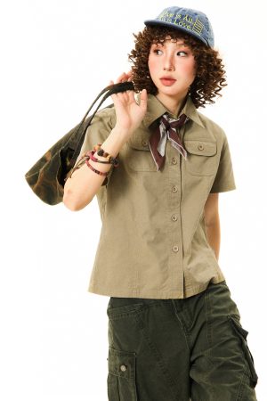 Vintage American Workwear Short Sleeve Shirt for Women - Summer Waist-Defining Slim Fit Versatile Top