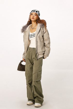 Vintage American Workwear Wide Leg Pants for Women - Casual Loose Straight Leg Trousers for Autumn Winter Fashion