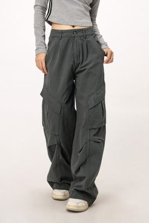 Vintage American Workwear Wide Leg Pants for Women - Casual Loose Straight Leg Trousers for Autumn Winter Fashion