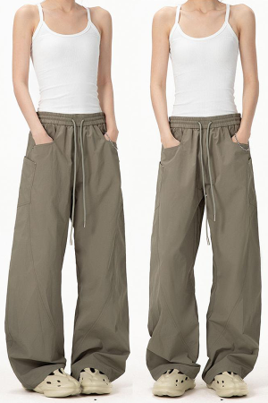 Vintage Army Green Cargo Pants for Women - 2025 Model, Loose Fit Curved Blade Design, Hip-Hop Street Style Casual Wear