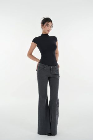 Vintage Ash Gray Low-Rise Flared Jeans - Washed 90s Style Denim for a Retro Look