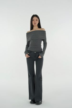 Vintage Ash Gray Low-Rise Flared Jeans - Washed 90s Style Denim for a Retro Look