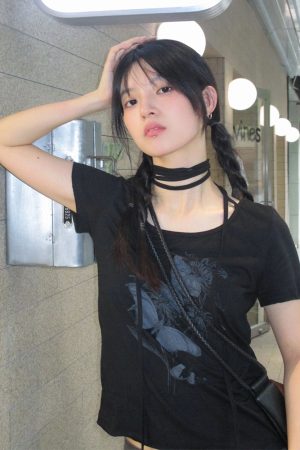 Vintage Black Butterfly Print Tie-Up Cotton T-Shirt for Women - Slim Fit Short Sleeve Summer Top in Sweet and Spicy Style