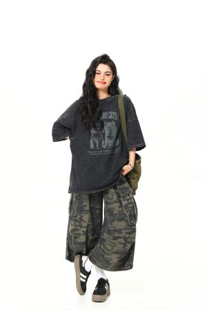 Vintage Black Cat Printed Short Sleeve T-Shirt for Women - Loose Wash-Distressed Summer Tee, Trendy 90s Couple Style