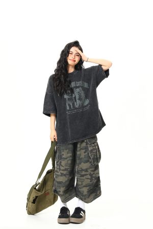 Vintage Black Cat Printed Short Sleeve T-Shirt for Women - Loose Wash-Distressed Summer Tee, Trendy 90s Couple Style