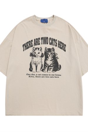 Vintage Black Cat Printed Short Sleeve T-Shirt for Women - Loose Wash-Distressed Summer Tee, Trendy 90s Couple Style