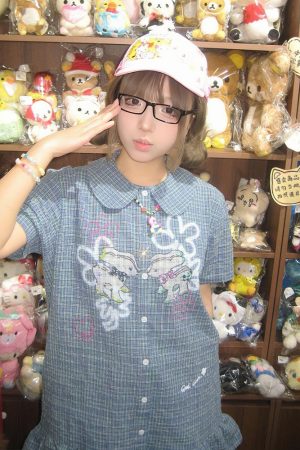 Vintage Blue Checkered Dress for Women - Summer Doll Collar Design with Lucky Little Deer, Trendy Short Skirt