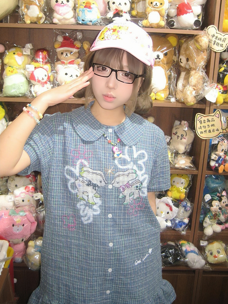 Vintage Blue Checkered Dress for Women - Summer Doll Collar Design with Lucky Little Deer, Trendy Short Skirt Vintage Blue Checkered Dress for Women - Summer Doll Collar Design with Lucky Little Deer, Trendy Short Skirt