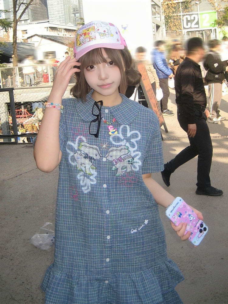 Vintage Blue Checkered Dress for Women - Summer Doll Collar Design with Lucky Little Deer, Trendy Short Skirt Vintage Blue Checkered Dress for Women - Summer Doll Collar Design with Lucky Little Deer, Trendy Short Skirt