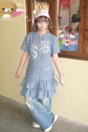 Vintage Blue Checkered Dress for Women - Summer Doll Collar Design with Lucky Little Deer, Trendy Short Skirt