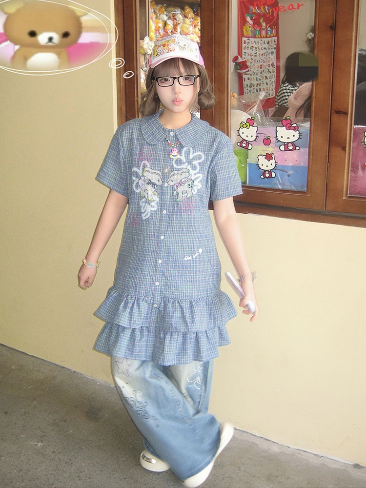 Vintage Blue Checkered Dress for Women - Summer Doll Collar Design with Lucky Little Deer, Trendy Short Skirt Vintage Blue Checkered Dress for Women - Summer Doll Collar Design with Lucky Little Deer, Trendy Short Skirt