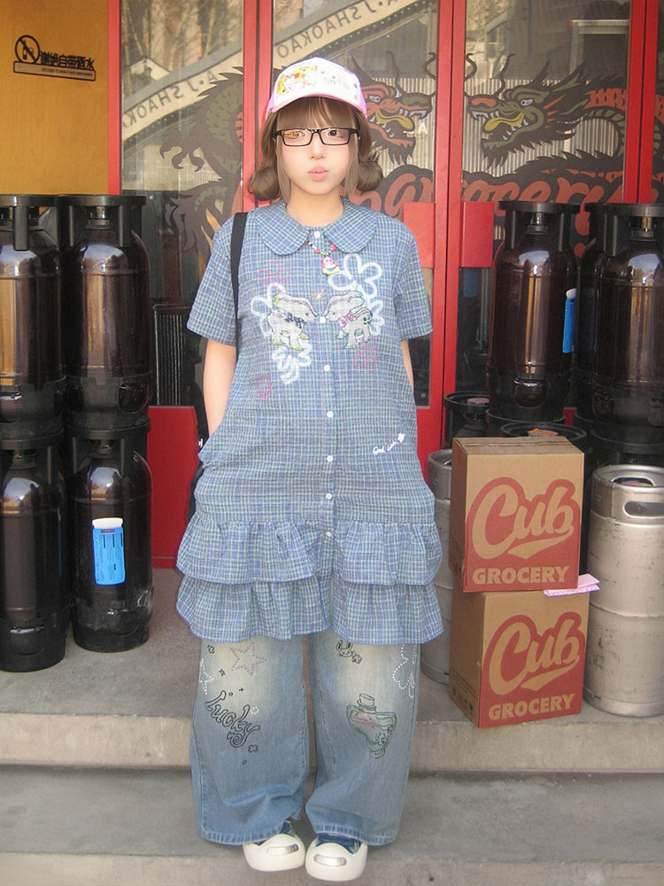 Vintage Blue Checkered Dress for Women - Summer Doll Collar Design with Lucky Little Deer, Trendy Short Skirt Vintage Blue Checkered Dress for Women - Summer Doll Collar Design with Lucky Little Deer, Trendy Short Skirt