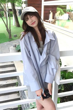 Vintage Blue Long Sleeve Shirt Jacket for Women - Summer Sun Protection Casual Loose Mid-Length Top