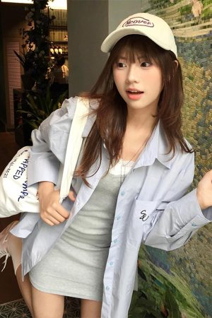 Vintage Blue Long Sleeve Shirt Jacket for Women - Summer Sun Protection Casual Loose Mid-Length Top