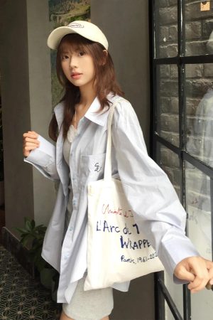 Vintage Blue Long Sleeve Shirt Jacket for Women - Summer Sun Protection Casual Loose Mid-Length Top
