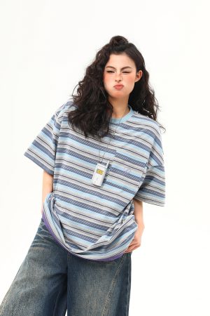 Vintage Blue Striped Short Sleeve T-Shirt for Women - Loose Fit Summer Top - High-End American Style Fashion